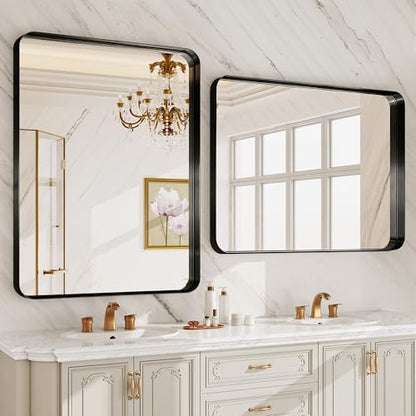 24"X32" Matte Black Metal Framed Vanity Rounded Rectangle Bathroom Mirrors