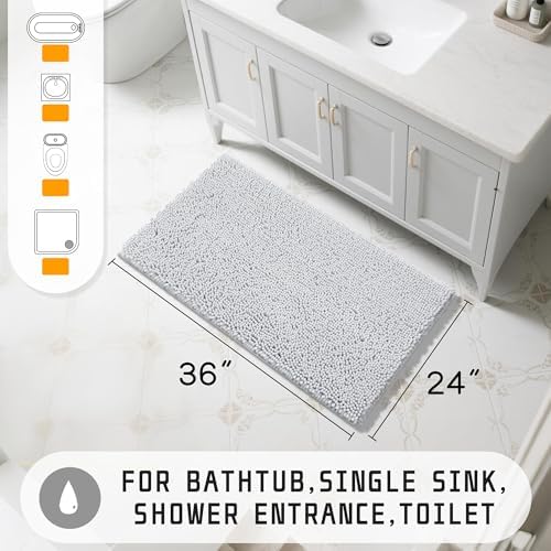 Yimobra Large Bathroom Rugs 36"x24", Non Slip Bath Mat for Tub, Shaggy Rug Floor Carpet, Extra Soft Super Absorbent Quick Dry, Machine Washable,Silver