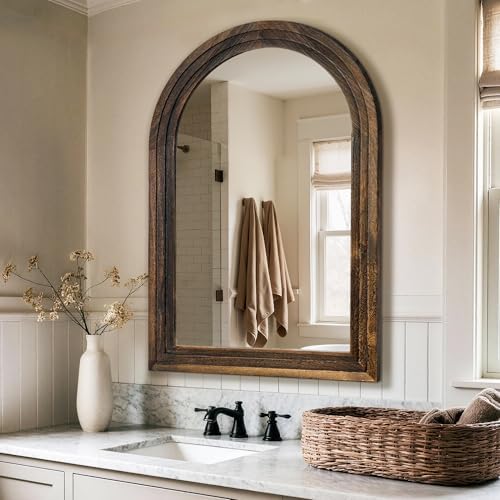 Arched Bathroom Mirror, 38"x26" Brown Wood Frame Wall Mirror