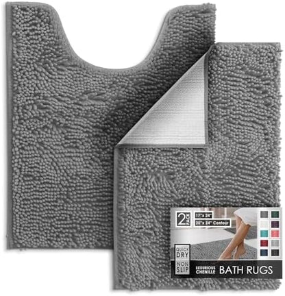 Hearth & Harbor Bathroom Rugs, Chenille Bath Mat - Machine Washable Bath Mats for Bathroom Non-Slip Backing Rubber, Quick Dry Bathroom Mat, 17 x 24 + 20 x 24 - Frost Grey