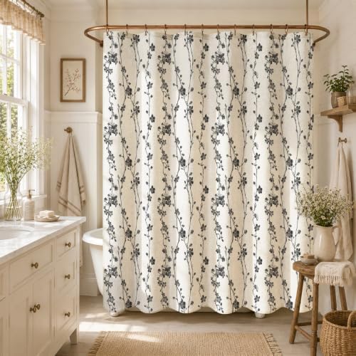 Gibelle Black Farmhouse Linen Shower Curtain, Boho Floral Fabric, 72 x 78
