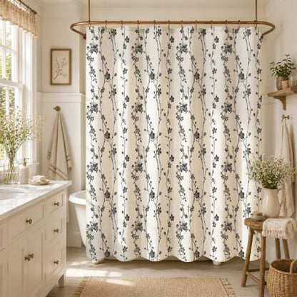 Gibelle Black Farmhouse Linen Shower Curtain, Boho Floral Fabric, 72 x 78