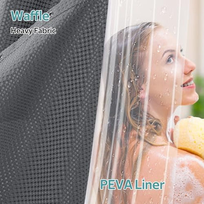 Vipfree 3 in 1 Shower Curtain Set, Waffle Shower Curtain and Liner Set with 12 Double Sided Shower Curtain Hooks, 258GSM Luxury Weighted Cloth Shower Curtains for Bathroom,72 W x 72 H,Graphite Gray