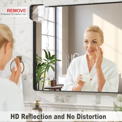 32x36 Inch Black Framed Bathroom Mirror for Wall, Matte Black Metal Frame Vanity Mirror, Rounded Corner Rectangle Bathroom Mirror, Anti-Rust, Shatterproof (Horizontal/Vertical) | Matte Black Metal Frame Vanity Mirror, Rounded Rectangle Bathroom Mirror,...