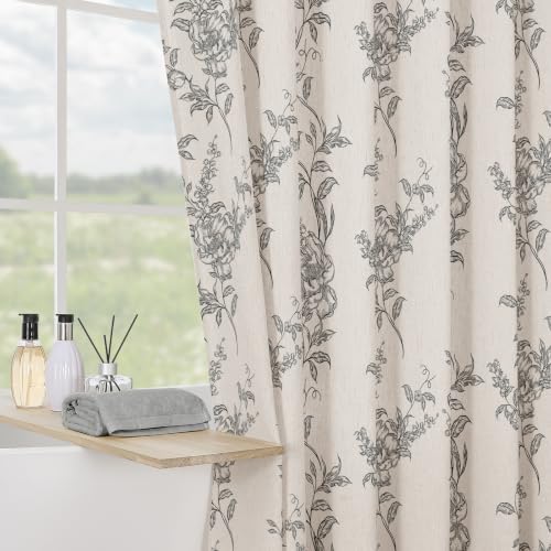 Grey Linen Farmhouse Shower Curtain, Boho Floral Bathroom 72x72