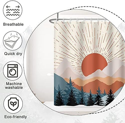 Stall Shower Curtain, Mid Century Boho Sunrise Small Shower Curtain Waterproof Abstract Terracotta Mountain Forest Narrow Shower Curtain Set with Hooks, 36x72 Inch