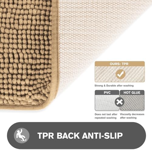 Beige Bathroom Rugs – Absorbent and Washable Bath Mat, Non-Slip, Thick Soft Chenille Bath Rugs for Bathroom Floor, Shower, Sink - 17" x 24"