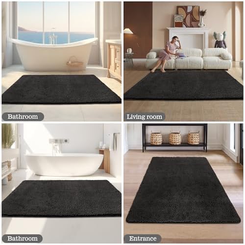 Yeaban Chenille Black Bathroom Rug 36"x60",Non-Slip Rubber Backing