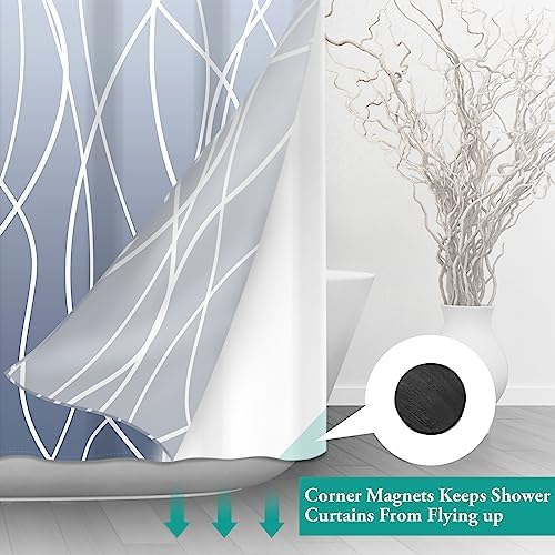 LXBNI No Hook Shower Curtain with Liner, Ombre Blue, 71 x 86 Inch