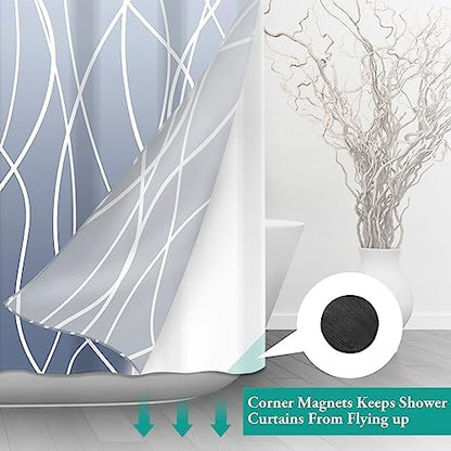 LXBNI No Hook Shower Curtain with Liner, Ombre Blue, 71 x 86 Inch