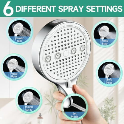 Handheld Shower Head with Hose, 6 Spray Settings, High Pressure, Chrome Finish, Rain, Pulse, Boost, Spray, Mix, Cleaning Modes (Chrome)