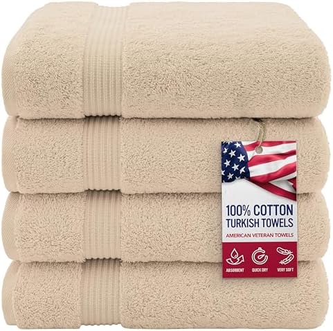 American Veteran Towel, 100% Cotton Turkish Bath Towels for Bathroom 4 Pack, 27x54 Extra Large Premium Soft Drying Bathroom Towels, Beige