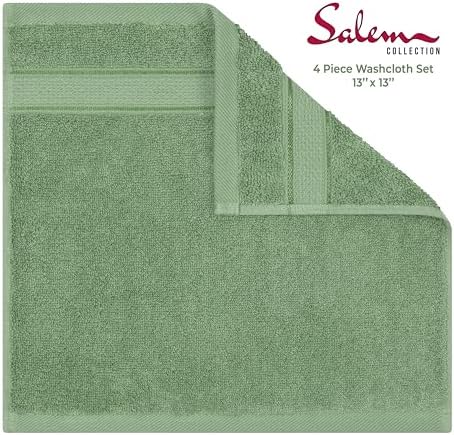 American Soft Linen Salem Washcloth Sets, 4 Piece Luxury 600 GSM 100% Cotton Washcloths for Bathroom, 13x13 inches Washrags Premium Quality Hand Face Towels, Sage Green
