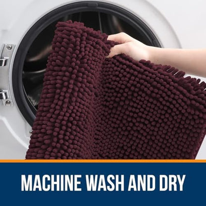 OLANLY Chenille Bathroom Rugs Sets 2 Piece, 30"x20"+24"x20", Black Cherry