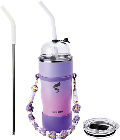 20oz Insulated Tumbler with Straw & Lid, Stainless Steel Vacuum Travel Mug, Handwoven Strap, Non-Slip Boot, Spill Proof, Pink Blue Purple Gradient