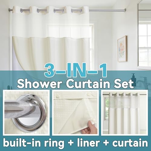 Conbo Mio Extra Long No Hook Waffle Weave Shower Curtain with Snap in Liner Set, Hotel Luxury Beige Shower Curtains for Bathroom with See Through Top Window, Waterproof, Washable 71W x 84H