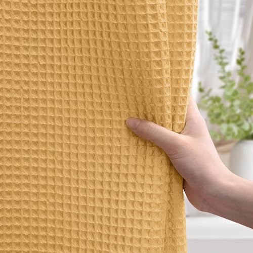 Waffle Weave Shower Curtain Heavyweight Cotton Fabric Gold 72Wx72L