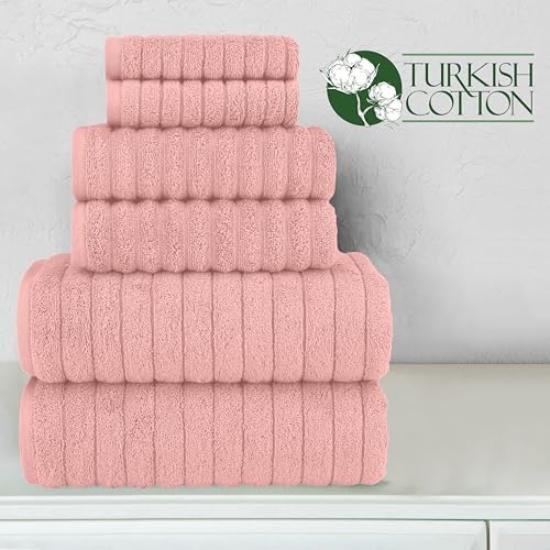 Elegant Comfort 100% Turkish Cotton Corduroy Ribbed Luxury Bath Towels, Premium Quick Dry Highly Absorbent 6 Piece Set with Bath & Hand Towels, 2 Each Plus Washcloths, Dusty Rose (Pack of 4)