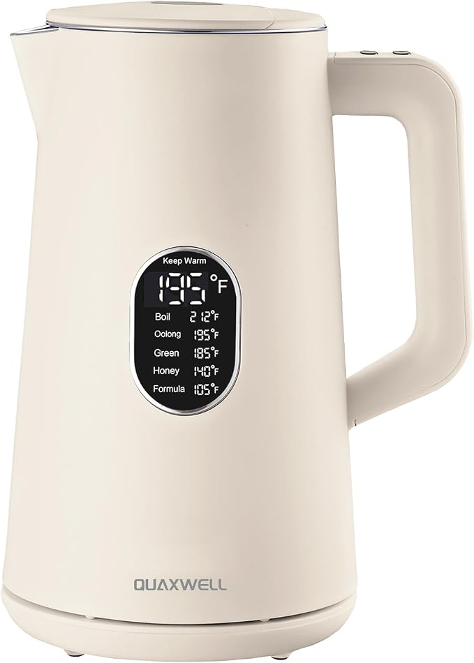 1.5L Electric Kettle Stainless Steel, Double Wall Cool Touch Teapot, Fast Boil,5 Temperature Control, LED Display, Auto Shut-Off,Keep Warm Function,Cream White