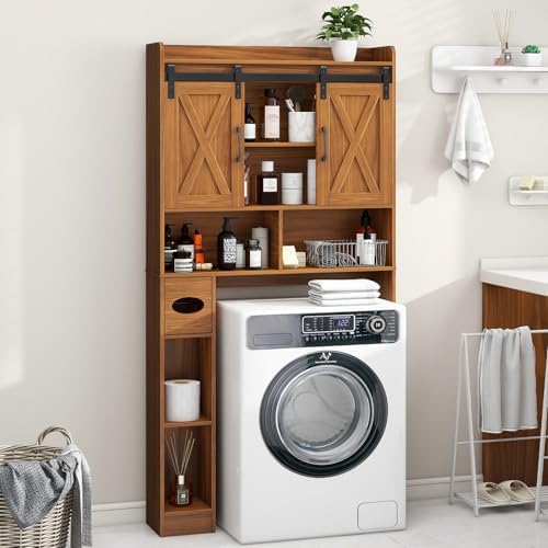 Vabches Over The Toilet Storage Cabinet with Sliding Doors, Caramel