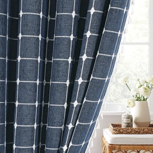 Boho Farmhouse Classic Plaid Linen Tassel Shower Curtain Navy Blue,72x78