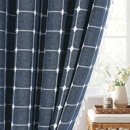 Boho Farmhouse Classic Plaid Linen Tassel Shower Curtain Navy Blue,72x78