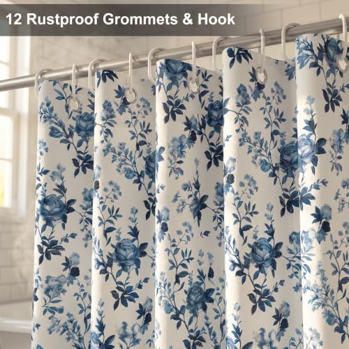 Farmhouse Blue Floral Shower Curtain, Waterproof Fabric Faux Linen Shower Curtain Set with 12 Rings, Vintage Cottagecore Boho Shower Curtains for Bathroom 72" W x 72" L （Beige + Blue