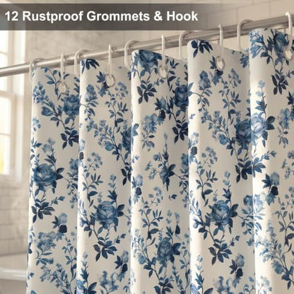 Farmhouse Blue Floral Shower Curtain, Waterproof Fabric Faux Linen Shower Curtain Set with 12 Rings, Vintage Cottagecore Boho Shower Curtains for Bathroom 72" W x 72" L （Beige + Blue