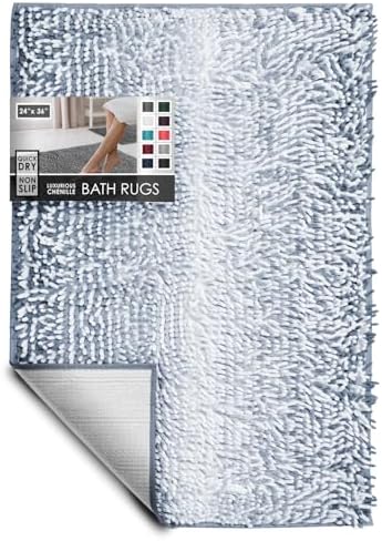 Hearth & Harbor Bathroom Rugs, Chenille Bath Mat - Machine Washable Bath Mats for Bathroom Non-Slip Backing Rubber, Quick Dry Bathroom Mat, 24 x 36 - Ombre Blue