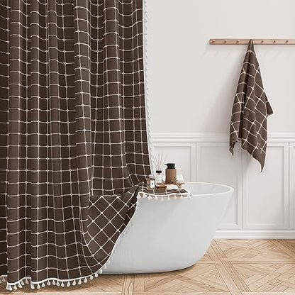BTTN 60x72 Boho Farmhouse Linen Heavy Duty Fabric Shower Curtain Set, Brown