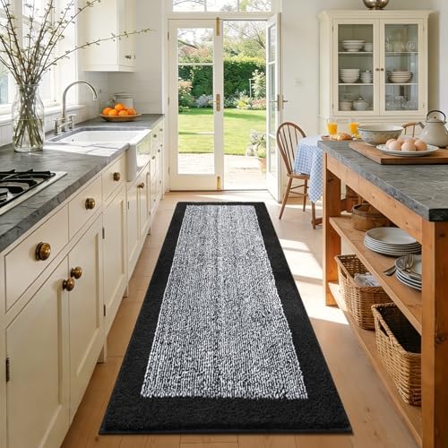 60x24 Long Bathroom Rugs Non Slip Washable, Soft Absorbent Bath Mat Black