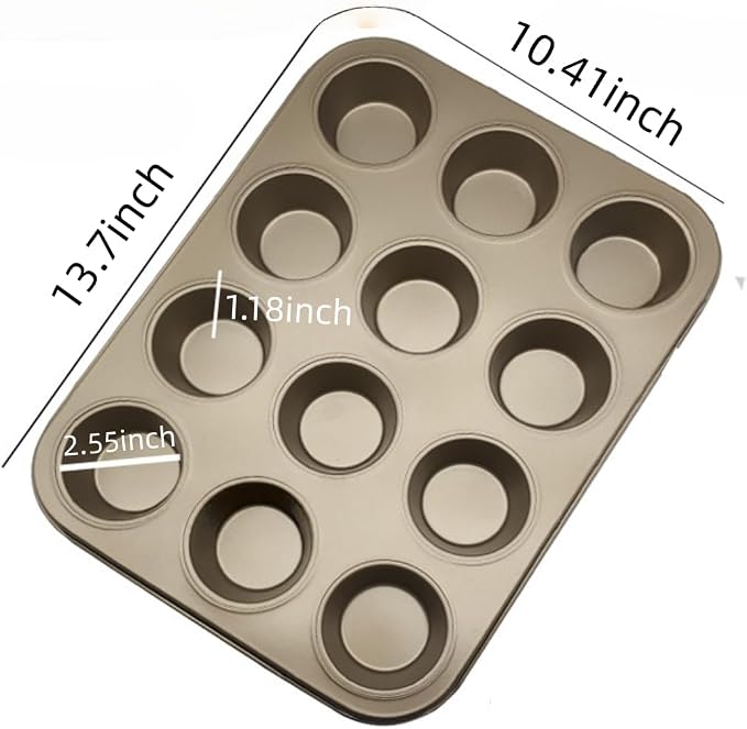 2 Pack Nonstick 12 Cup Muffin Pan, Carbon Steel Cupcake Baking Tray, BPA Free Easy Release Cake Tin, Oven Safe Bakeware for Muffins & Cupcakes,golden