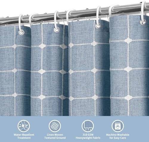 Boho Farmhouse Classic Plaid Linen Tassel Shower Curtain Blue,72x84