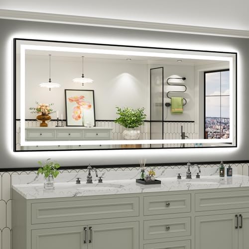 88x38 Inch LED Bathroom Mirror with Black Frame, Backlit & Front Lit