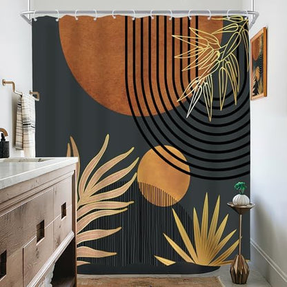 Mid Century Brown Black Boho Abstract Modern Bathroom Shower Curtain Set