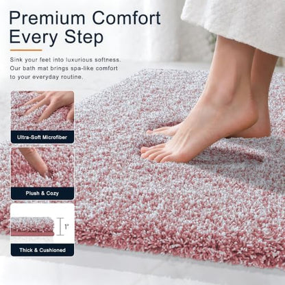 OLANLY Microfiber Bathroom Rugs 47x17, Quick Dry Mat, Deep Rose and White