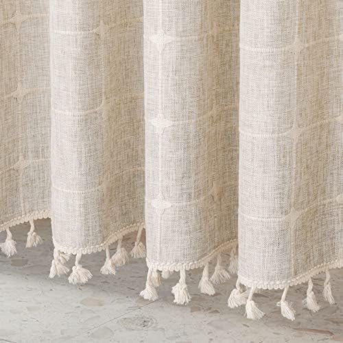 Boho Farmhouse Classic Plaid Linen Tassel Shower Curtain Tan Brown,72x72