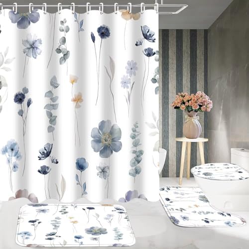 DDQQ 4Pcs Flower Shower Curtain Set with Floral Bathroom Sets