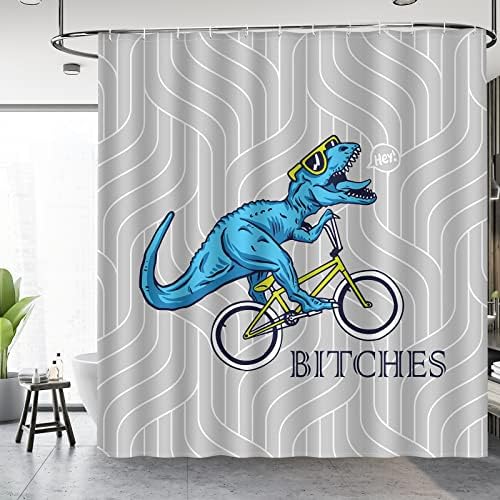 Aimego Funny Shower Curtain Blue Dinosaur Ride A Bike Pattern Cute Dino Pattern Shower Curtain Set with 12 Hooks for Bathroom Decor Accessories Bathtub Curtain, 72"x72"