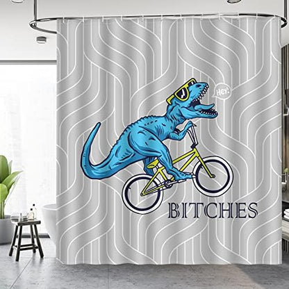 Aimego Extra Long Shower Curtain - Funny Cute Blue Dinosaur Ride A Bike Fun Dino Fabric Cloth Bath Shower Curtain Set with 12 Hooks for Bathroom Decor Accessories Bathtub Curtain, 72"x84"