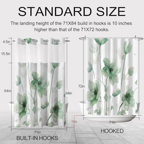 No Hook Shower Curtain and Liner Set, Green Boho Floral 71x84