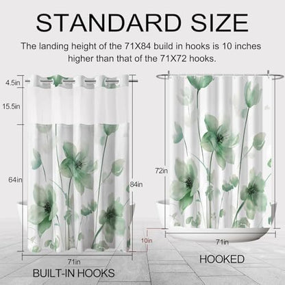 No Hook Shower Curtain and Liner Set, Green Boho Floral 71x84