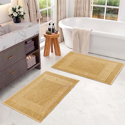Superior Heavyweight Cotton Bath Mats, Bath Rugs For Bathroom Accessories, Washable Rug For Shower, Bath, Toilet, Modern Decor, No Backing, Luxury Hotel And Spa Quality, Set of 2, 22" x 35", Gold
