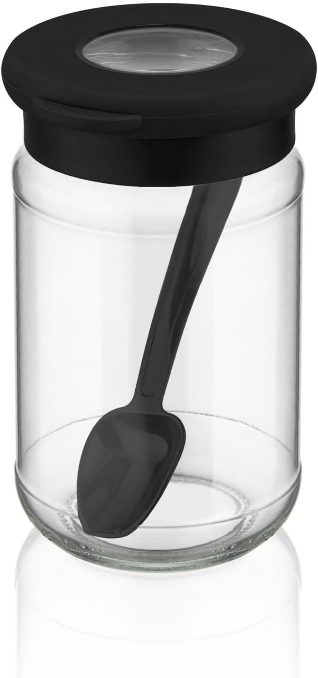 6-Piece Glass Spice Jar Set with Airtight Lids and Spoons – 380ml (12.8oz) Clear Storage Jars with Transparent Lid Window, Perfect for Storing Spices, Herbs, and Seasonings – Black