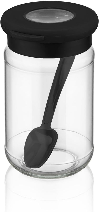 6-Piece Glass Spice Jar Set with Airtight Lids and Spoons – 380ml (12.8oz) Clear Storage Jars with Transparent Lid Window, Perfect for Storing Spices, Herbs, and Seasonings – Black