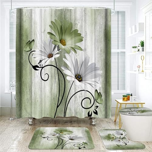 Onalasyc 4PCS Grass Green Daisy Bathroom Sets with Shower Curtain and Rugs