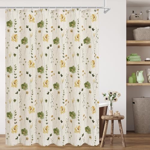 Gibelle OliveGreen Linen Watercolor Floral Fabric Shower Curtain, 72x72