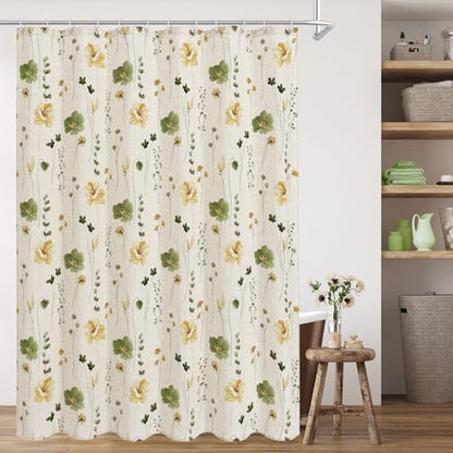 Gibelle OliveGreen Linen Watercolor Floral Fabric Shower Curtain, 72x72