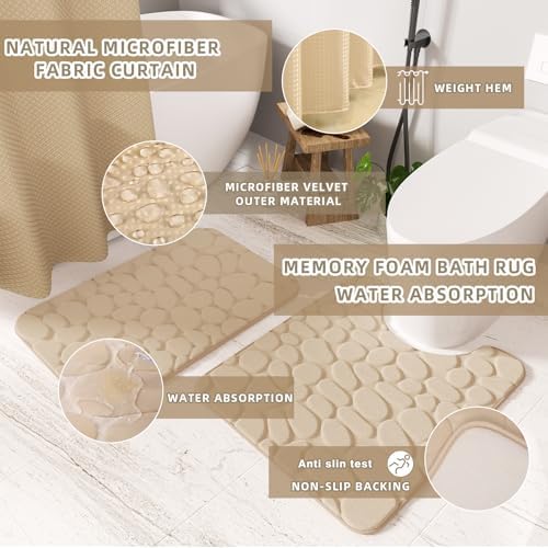 XLHOMO Bathroom Accessories Set - 25PC Bathroom Sets with Shower Curtain and Rugs, Beige Bathroom Accessories with Trash Can, Soap Dispenser, Soap Dish & Toilet Brush
