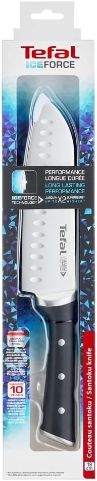 Tefal K2320614 Ice Force Stainless Steel Santoku Knife Premium Design, Long Lasting Performance,Silver/Black,- 18cm